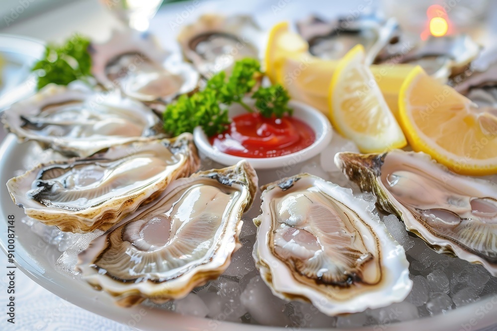 A platter of fresh oysters on the half shell, served on ice with lemon wedges, cocktail sauce, and mignonette