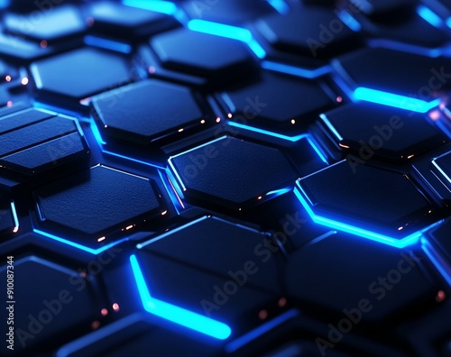Abstract technology background concept with hexagon pattern and glowing light effects. Vector illustration in the style of abstract, ultra realistic, stock photo, high resolution photography, insanely