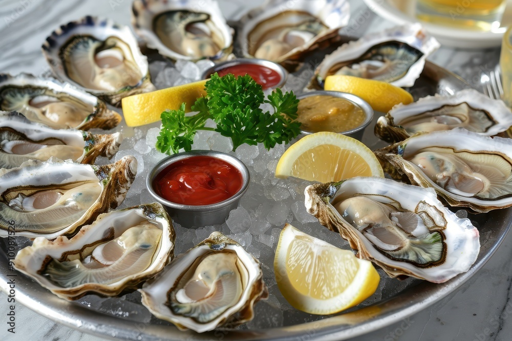 A platter of fresh oysters on the half shell, served on ice with lemon wedges, cocktail sauce, and mignonette A platter of fresh oysters on the half shell, served on ice with lemon wedges, cocktail sauce, and mignonette