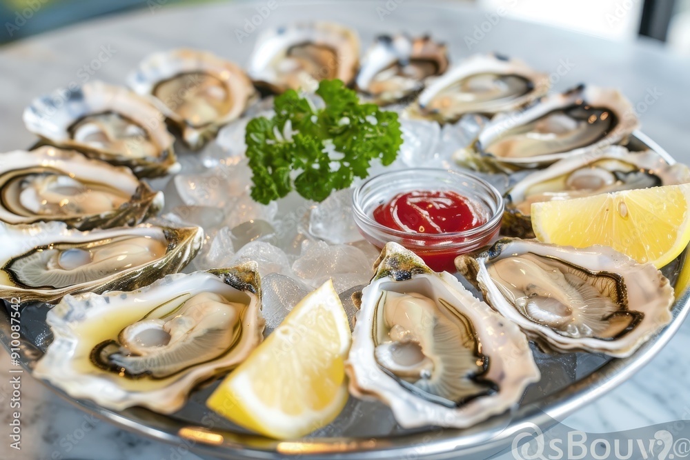 A platter of fresh oysters on the half shell, served on ice with lemon wedges, cocktail sauce, and mignonette A platter of fresh oysters on the half shell, served on ice with lemon wedges, cocktail sauce, and mignonette