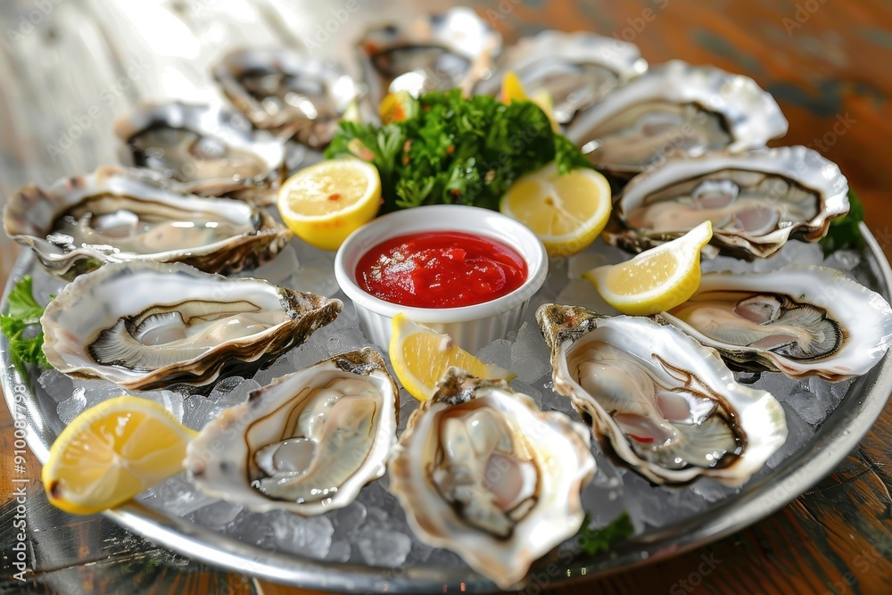 A platter of fresh oysters on the half shell, served on ice with lemon wedges, cocktail sauce, and mignonette
