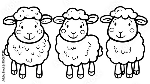 A charming black and white cartoon illustration of three smiling sheep. Perfect for children's coloring books, educational materials, and farm-themed projects. photo