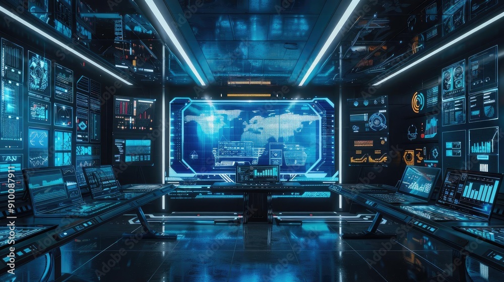 Futuristic control room with advanced technology, glowing screens, and data visualizations in a sleek, high-tech environment. Futuristic control room with advanced technology, glowing screens, and data visualizations in a sleek, high-tech environment.