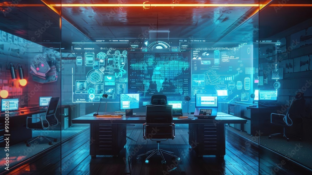 Futuristic control room featuring high-tech screens and digital interfaces for data analysis and cybersecurity operations. Futuristic control room featuring high-tech screens and digital interfaces for data analysis and cybersecurity operations.