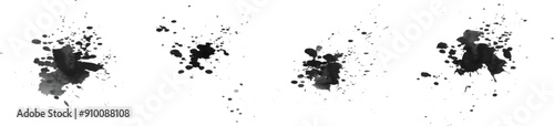 Set of various black paint splashes. Drops of black paint on a white background. Isolated design elements. Vector illustration