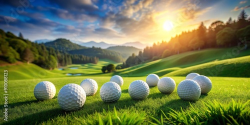 Vibrant white golf balls situated on lush green grass at the golf course, surrounded by serene natural scenery and gentle rolling hills in the background. photo