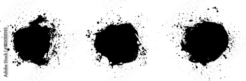 Set of round frames with black paint splashes. Collection of design elements with black gouache drops.
