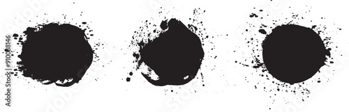 Set of round frames with black paint splashes. Collection of design elements with black gouache drops.
