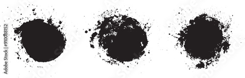 Set of round frames with black paint splashes. Collection of design elements with black gouache drops.