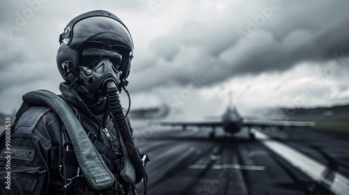 Fighter Pilot in Full Gear on Runway photo