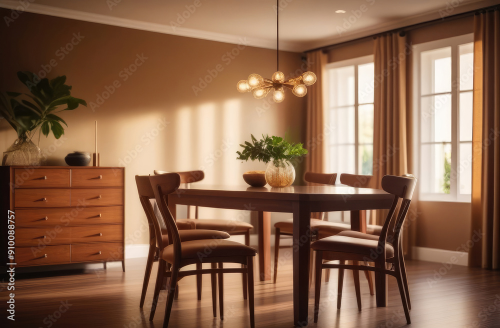 Fototapeta premium cozy modern dining room with wood table and chairs, kitchen on sunny day.