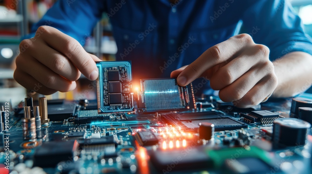 A man is holding a computer chip in his hand A man is holding a computer chip in his hand