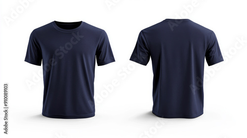 Front and back view of blank navy blue T-shirt mockup on white background