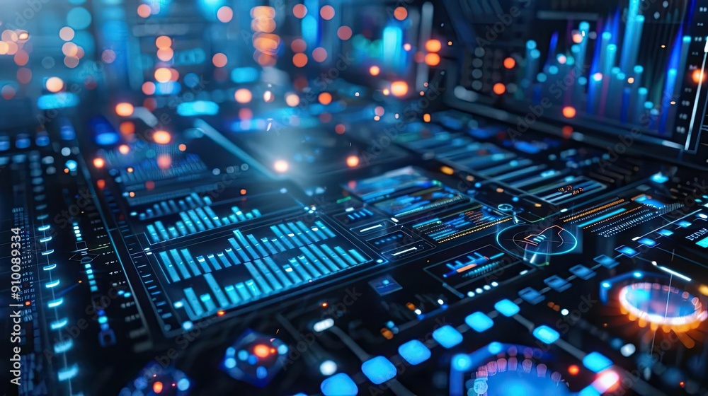 Futuristic digital interface with vibrant data visualization and glowing elements representing technology and innovation. Futuristic digital interface with vibrant data visualization and glowing elements representing technology and innovation.