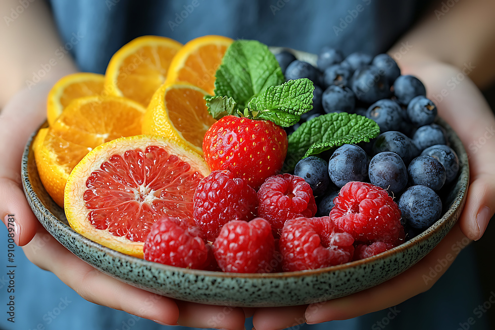 Young woman in light summer outfit holding a bowl of fresh strawberries, raspberries, and apricots in a garden.
Young woman in light summer outfit holding a bowl of fresh strawberries, raspberries, and apricots in a garden.