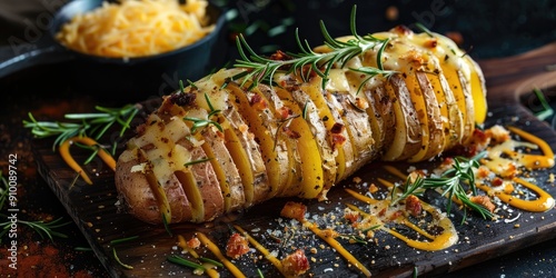 Cheddar cheese and rosemary topped Hasselback potato