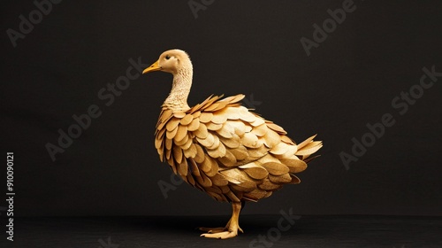 Golden Goose with Feather Costume on Black Background photo