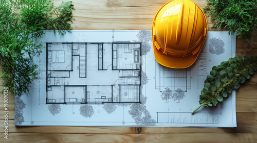 Architectural blueprint with yellow helmet and plant on wooden desk. photo