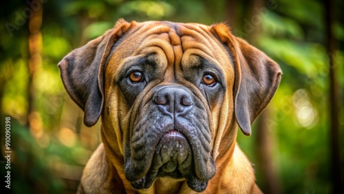 A majestic bullmastiff's wrinkled face fills the frame, its warm brown eyes and floppy ears set against a lush green forest background on Mercer Island.