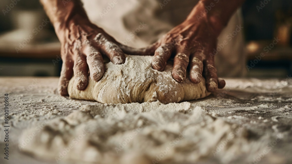 Hands Kneading Dough on Floured Surface