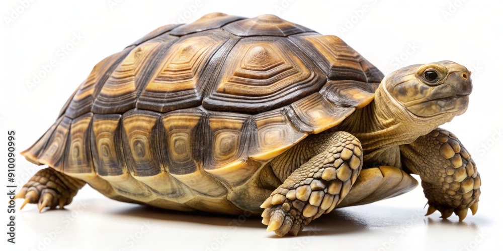 Obraz premium A solo tortoise stands upright on a clean white background, its shell a mix of earthy browns and yellows, with gentle eyes and aged skin texture.