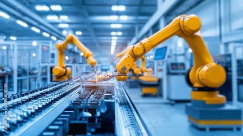 Robotic arms efficiently assemble products on a conveyor line in a bustling industrial technology factory, showcasing advanced automation in action