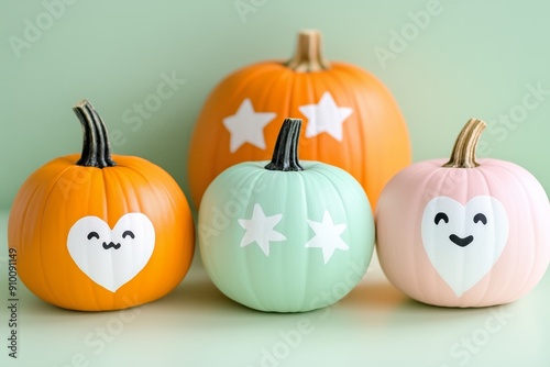 cute decorated painted pumpkins with hearts and stars, and white sheet ghost faces, creating a whimsical and cute Halloween decoration photo