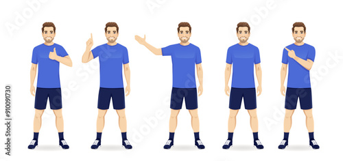 Set of sport fitness young handsome man wearing blue sportswear in different poses isolated vector illustration