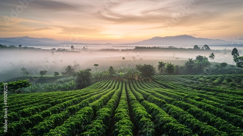 Lush Green Tea Plantations at Sunrise with Misty Mountains