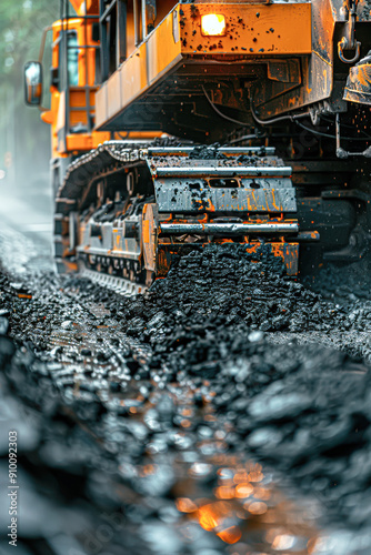 A large yellow construction vehicle is driving through a muddy road