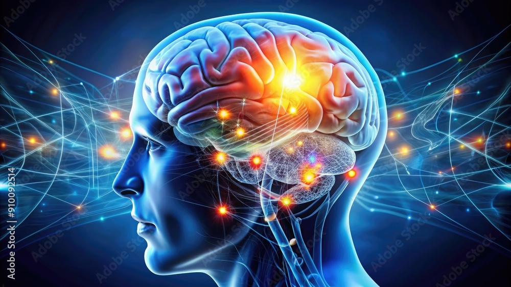 Close up of a human brain with highlighted areas showing signs of drug addiction, addiction, substance abuse Close up of a human brain with highlighted areas showing signs of drug addiction, addiction, substance abuse