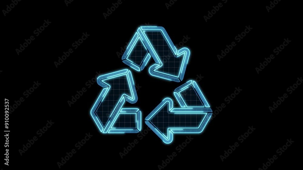Recycle icon motion animation, continuous seamless loop from 1 to 7 second mark, futuristic cyber technology look, neon laser lines on black background. Recycle icon motion animation, continuous seamless loop from 1 to 7 second mark, futuristic cyber technology look, neon laser lines on black background.