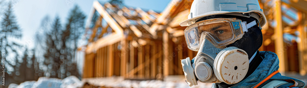 Obraz premium A construction worker wearing a gas mask and a hard hat