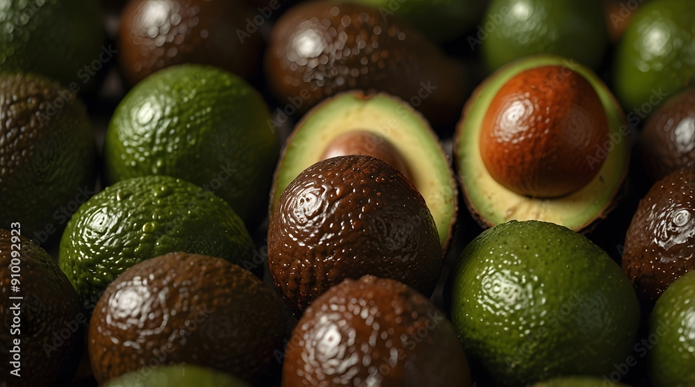 Background close-up shot of a pile of ripe brown avocados, the avocados are stacked, and light is shining through their skins. Background close-up shot of a pile of ripe brown avocados, the avocados are stacked, and light is shining through their skins.
