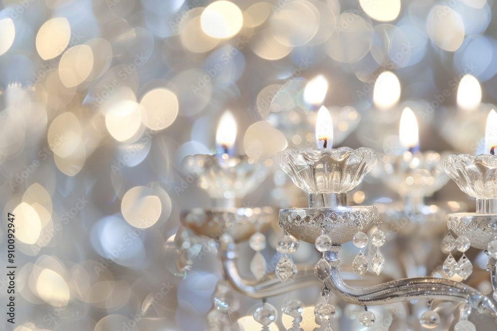 Silver candelabra with burning candles on blue bokeh background Silver candelabra with burning candles on blue bokeh background