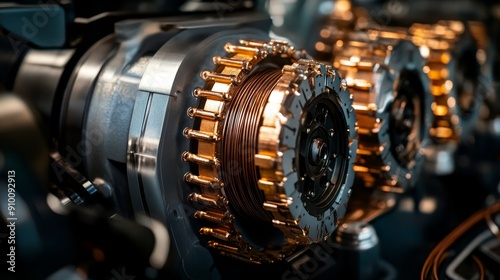 This close-up image showcases the intricate detail of a mechanical system, highlighting the precision and complexity of engineering. The image features gears, components, and various metallic parts, s