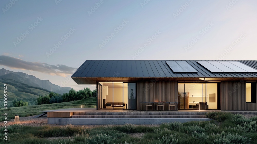 Modern Sustainable House in Mountain Area at Sunset Modern Sustainable House in Mountain Area at Sunset