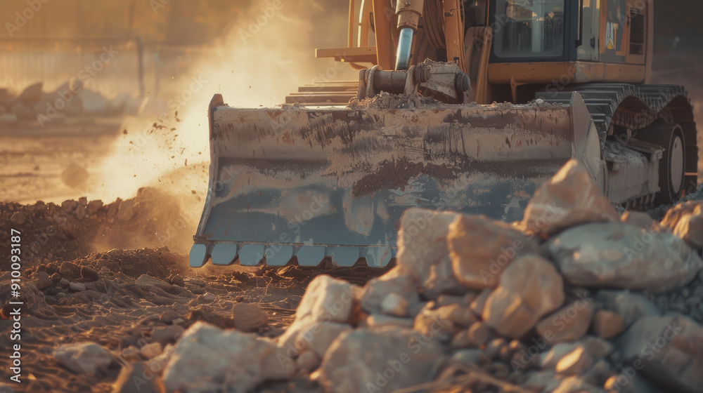 Fototapeta premium A bulldozer on a construction site during sunset, its shovel raised, surrounded by dust and rocks, capturing the essence of a bustling work environment.