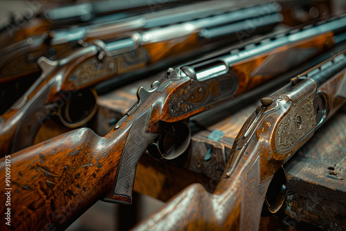 Hunting guns frame on wooden table