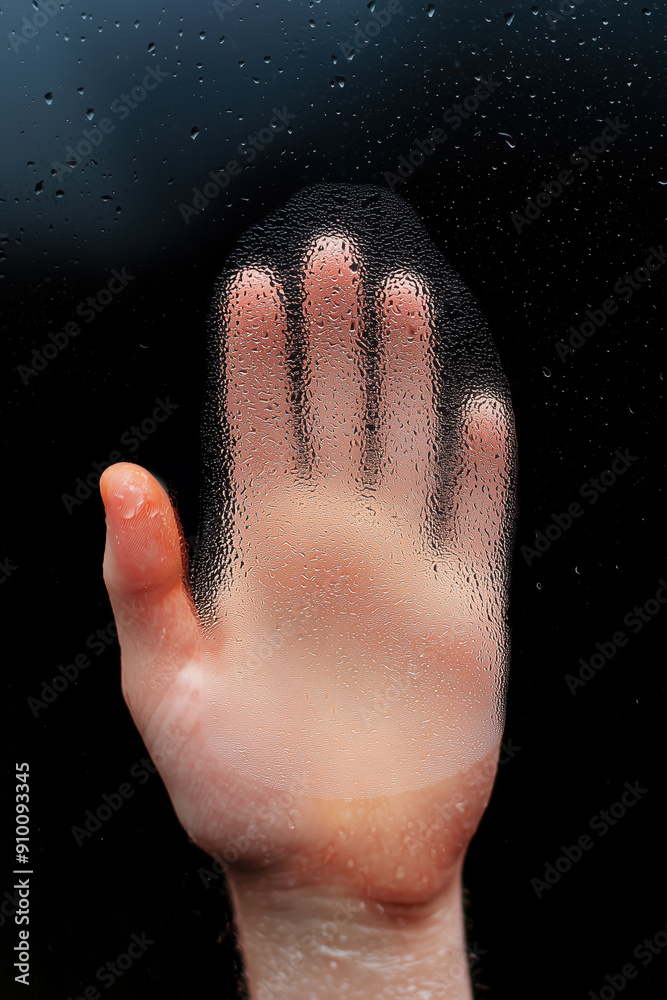 Hand Pressed Against Wet Glass Window with Raindrops on a Dark Background - Close-Up Shot of a Human Hand Creating a Unique and Artistic Effect with Water Droplets Hand Pressed Against Wet Glass Window with Raindrops on a Dark Background - Close-Up Shot of a Human Hand Creating a Unique and Artistic Effect with Water Droplets