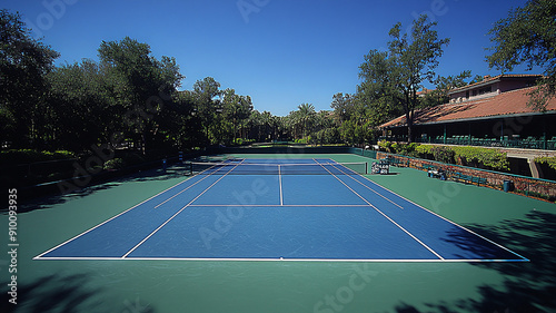 Wide-angle high-quality shot of a large tennis court for world-class competition photo