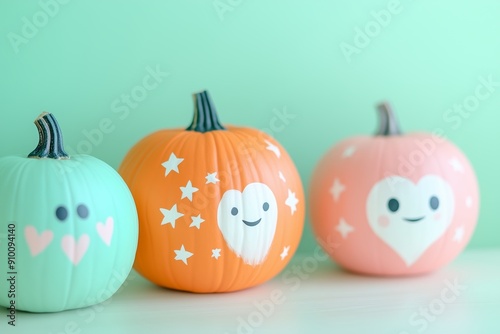 cute decorated painted pumpkins with hearts and stars, and white sheet ghost faces, creating a whimsical and cute Halloween decoration photo