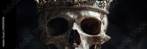 A close-up of a human skull wearing a crown. The image symbolizes mortality, power, and the transient nature of life. The crown represents royalty and authority, while the skull symbolizes death and t