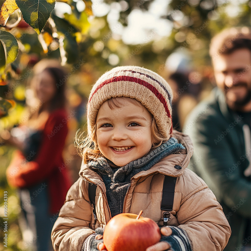 happy and smiling portrait of a child with apples at apple picking farm with fall foliage