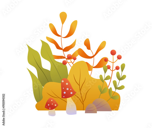 Foliage Forest Composition with Autumn Leaves and Mushrooms. Fall Colorful Plant. Invitation to New Harvest Season. Vector Illustration.