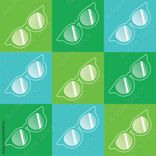 A vibrant seamless pattern featuring glasses in alternating green and blue shades. The design showcases stylish eyewear arranged in a grid format, creating a modern and trendy look. 