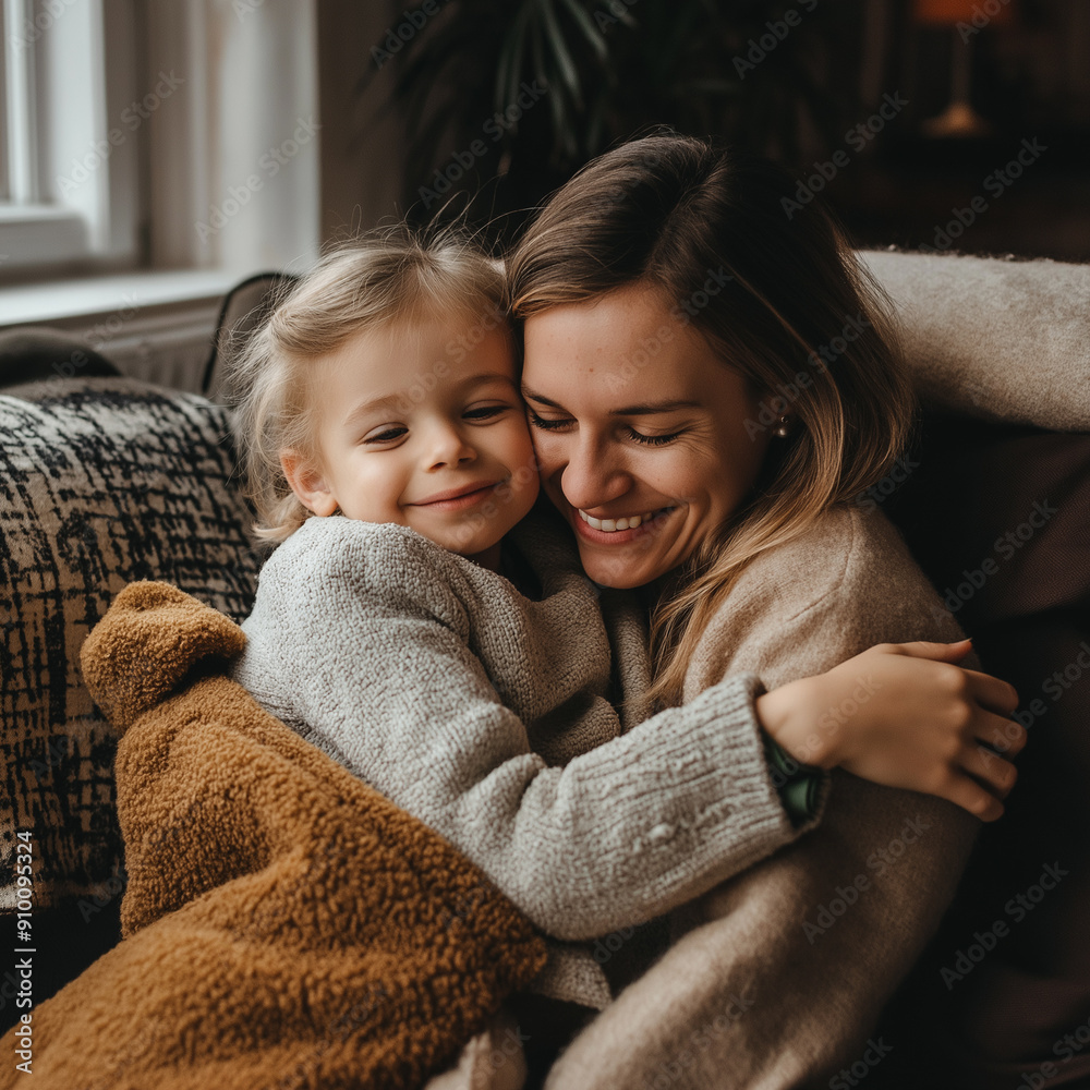 A cute picture of a mother and child cuddling on a soft sofa. The couple smiles warmly. The atmosphere looks very warm and lovely. A cute picture of a mother and child cuddling on a soft sofa. The couple smiles warmly. The atmosphere looks very warm and lovely.