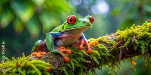 Vibrant red-eyed tree frog perches on a moss-draped branch, blending seamlessly into the lush, emerald-green foliage of the dense, misty rainforest atmosphere.