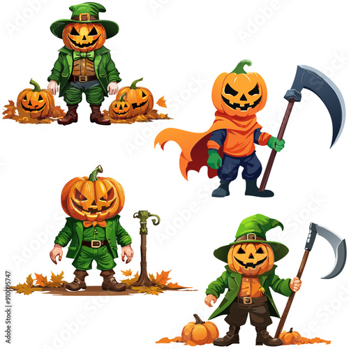 Conjunto de duendes de cuerpo entero y cabeza de calabaza siniestro y con ropa desgastada para halloween y con fondo transparente 01