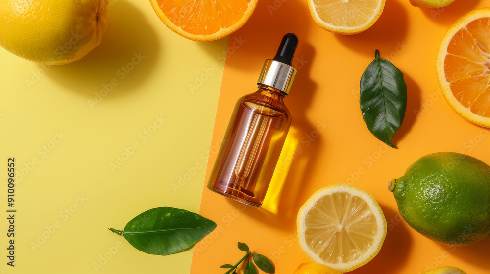 Various citrus fruits and green leaves encircle a small amber glass bottle with a dropper against a vivid yellow background, creating an image full of freshness and vitality. Various citrus fruits and green leaves encircle a small amber glass bottle with a dropper against a vivid yellow background, creating an image full of freshness and vitality.